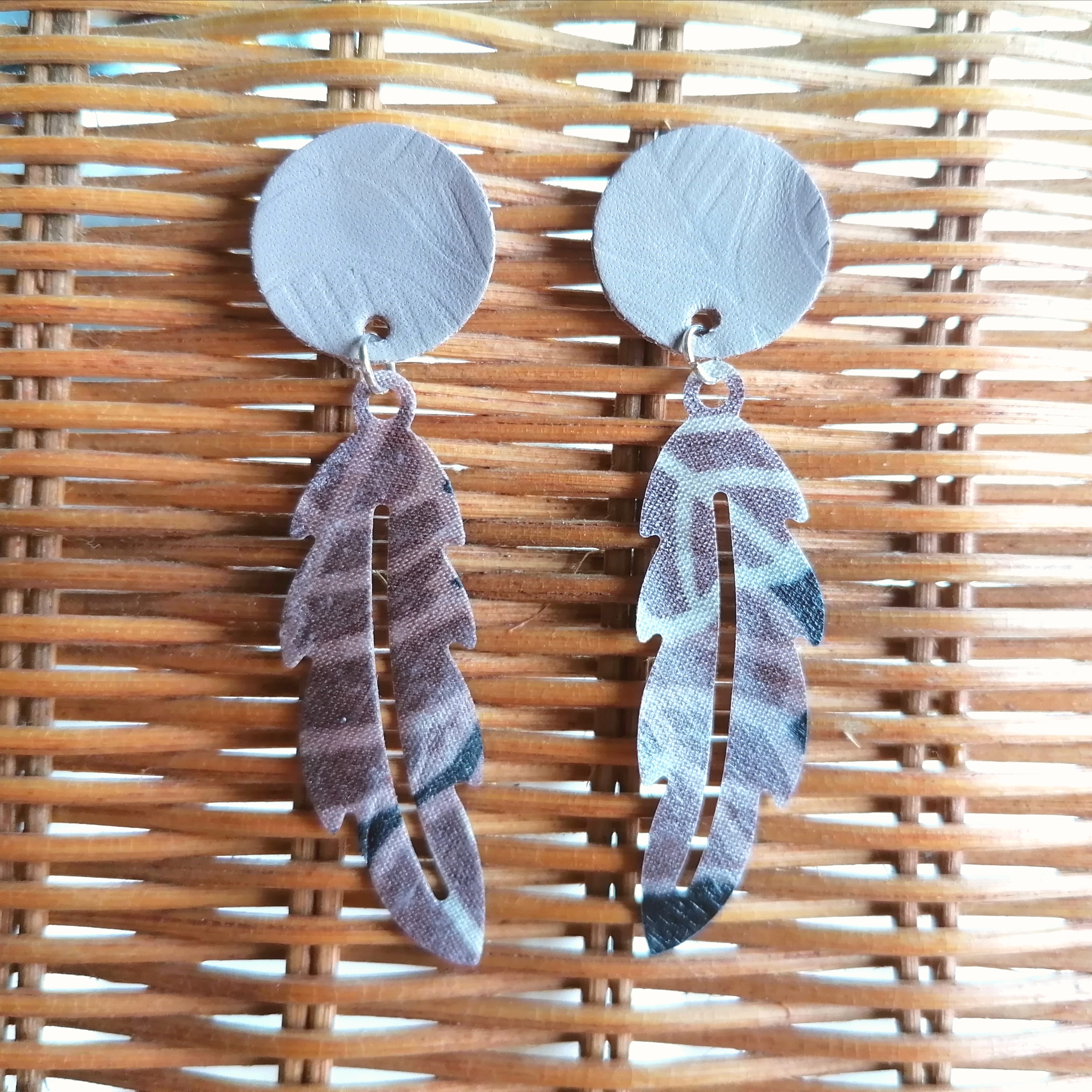 Recycled Vintage Fabric and Leather Stud Earrings- Grey & Brown Feather