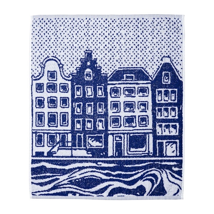Heinen Delfts Blauw, set van theedoek en keukendoek, Grachtenpandjes.
