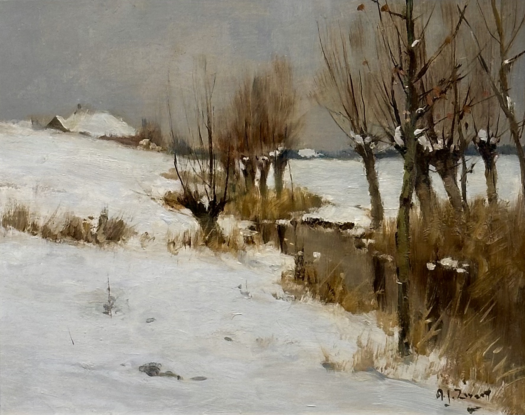 A.J. ZWART - ''KNOTWILGEN IN WINTERS LANDSCHAP 1976''