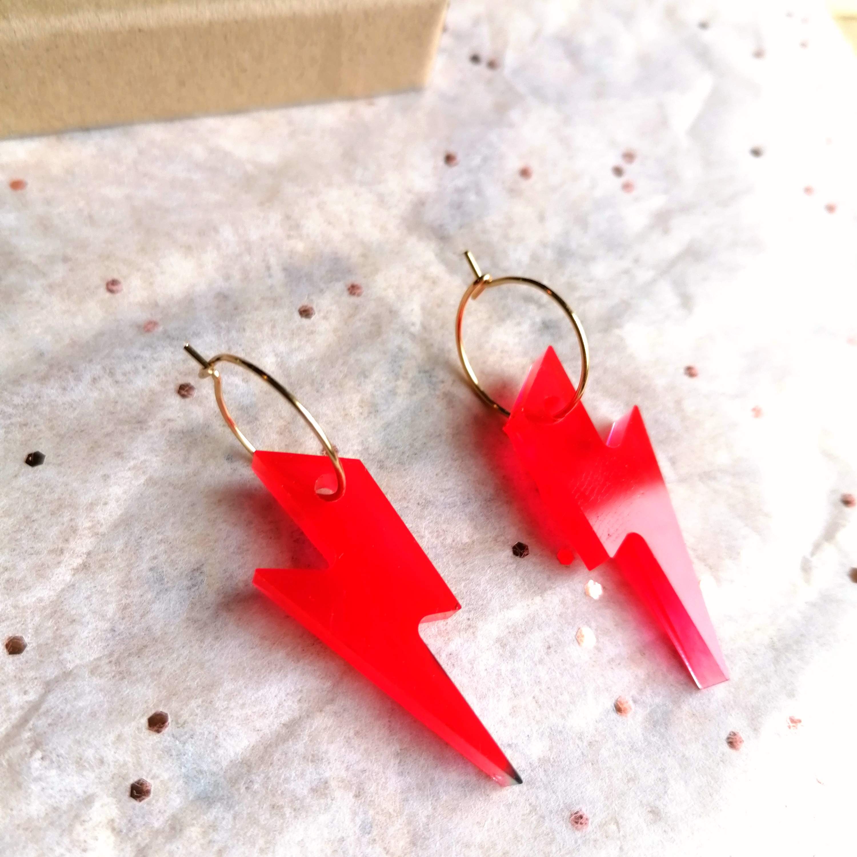 Red Bioresin Lightning Bolts on gold Hoops
