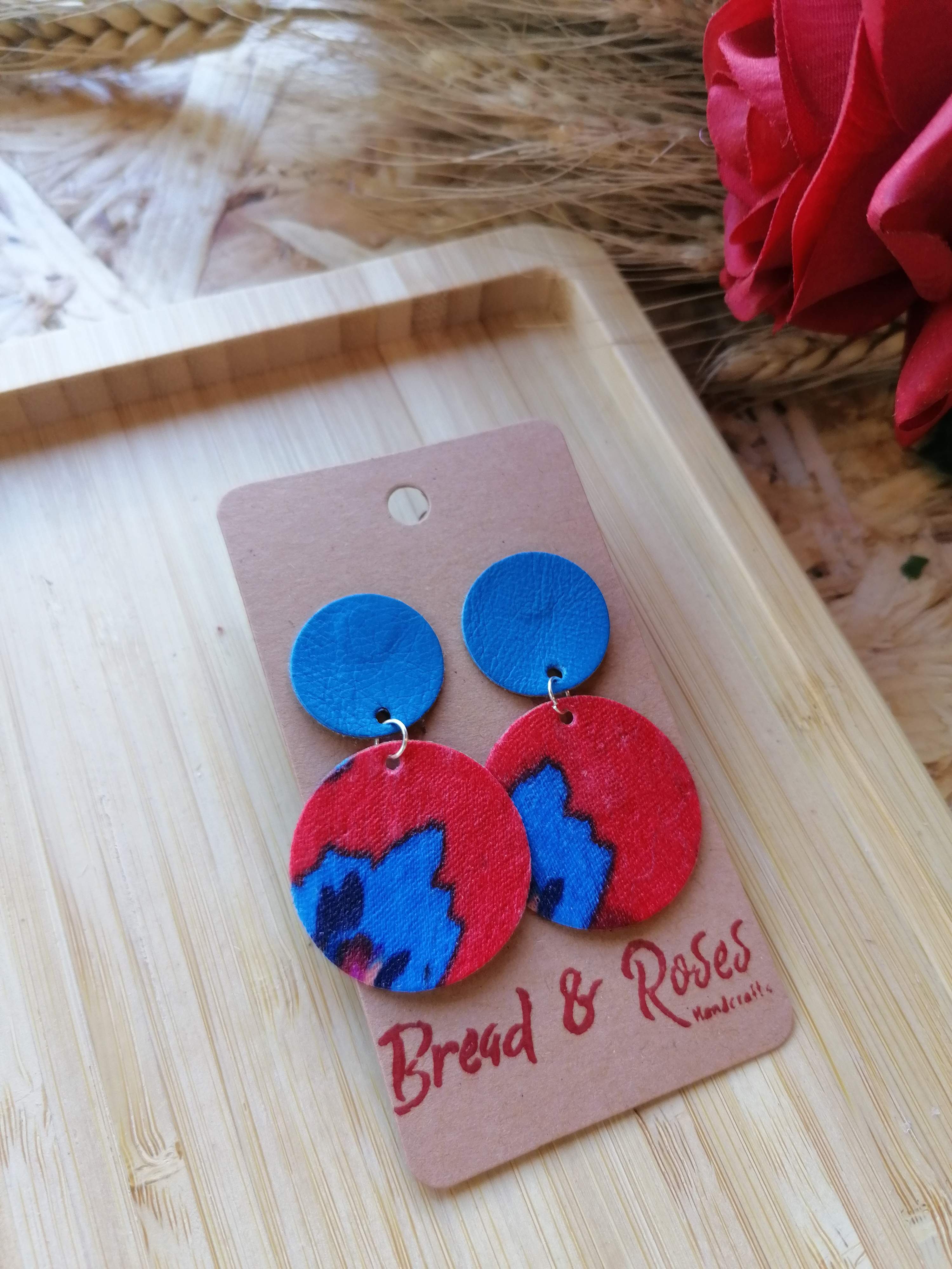 Recycled Vintage Fabric and Leather Stud Earrings- Blue and Red Circles