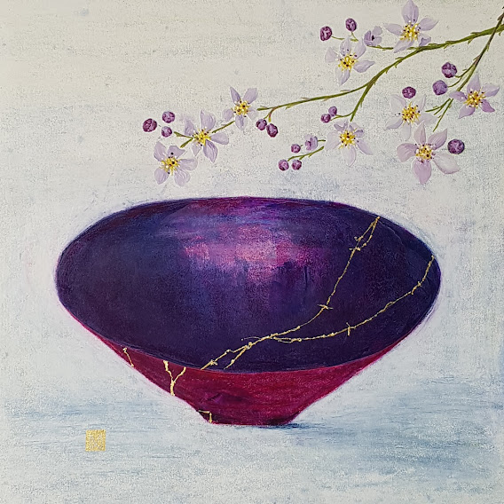 kintsugi bowl purple majenta bramble blossoms