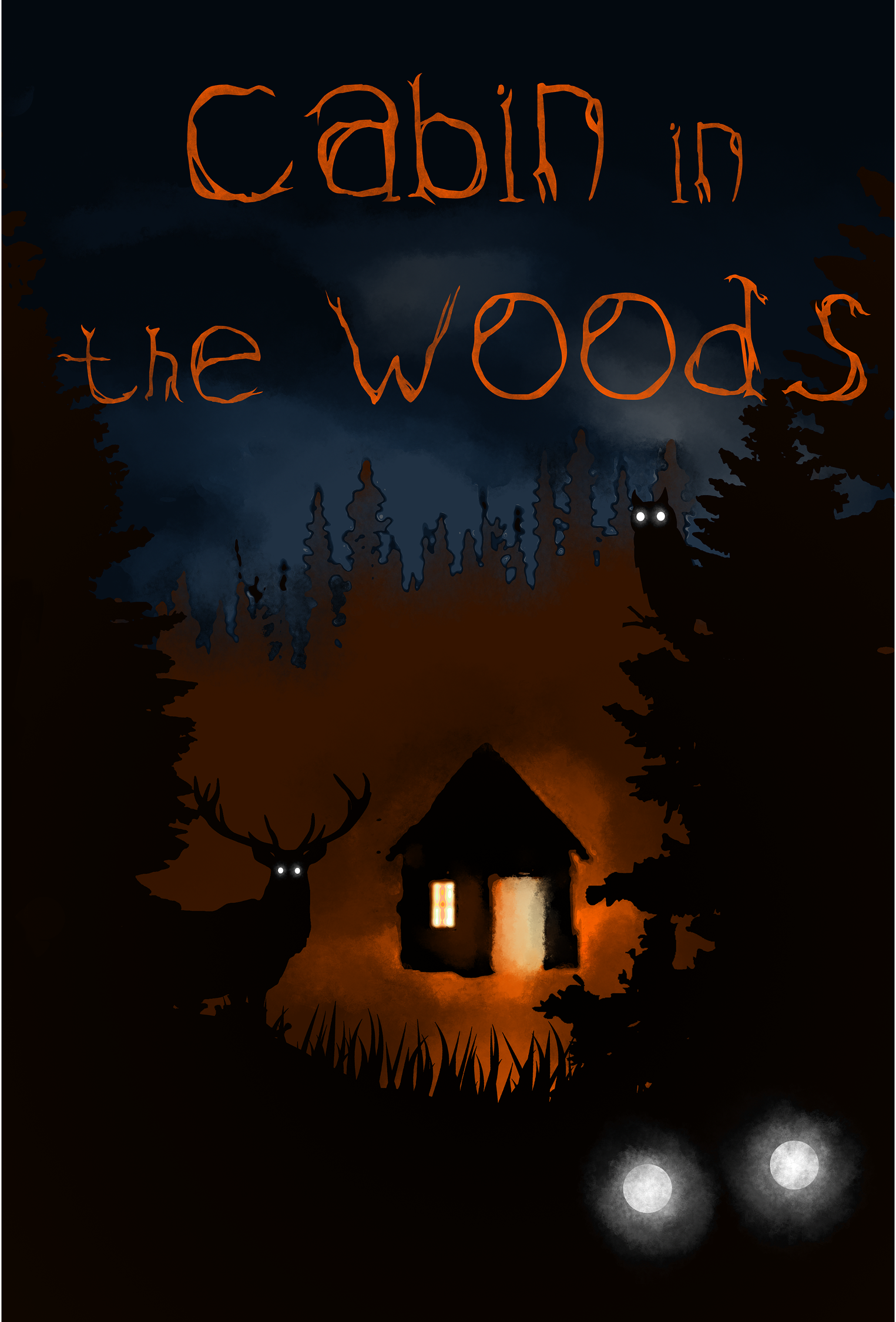 Logo for Cabin in the Woods Escape Room game depicting an old log cabin in a forest