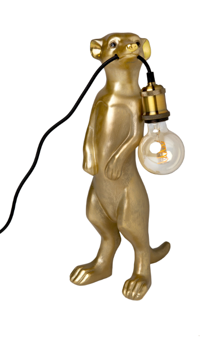 Deze grappige, goudkleurige STOKSTAART LAMP is in de aanbieding!