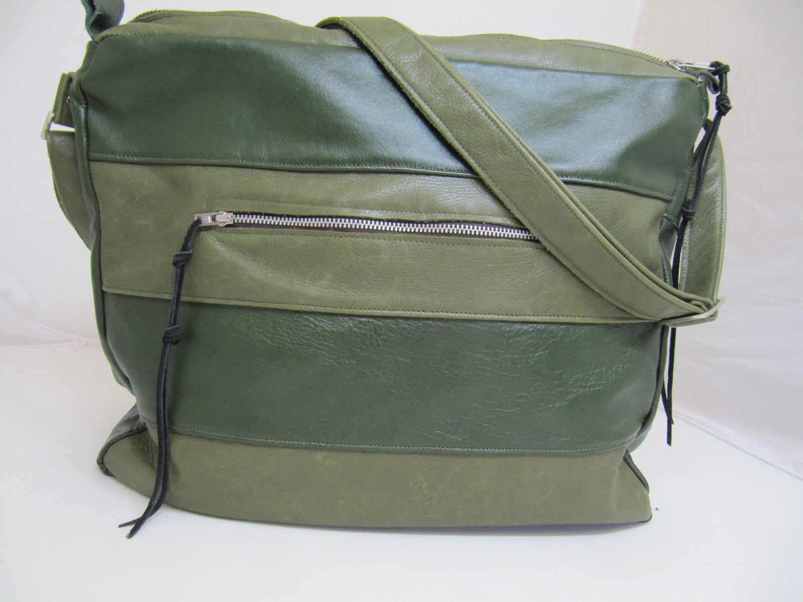 Two tone soft green leather panel handbag