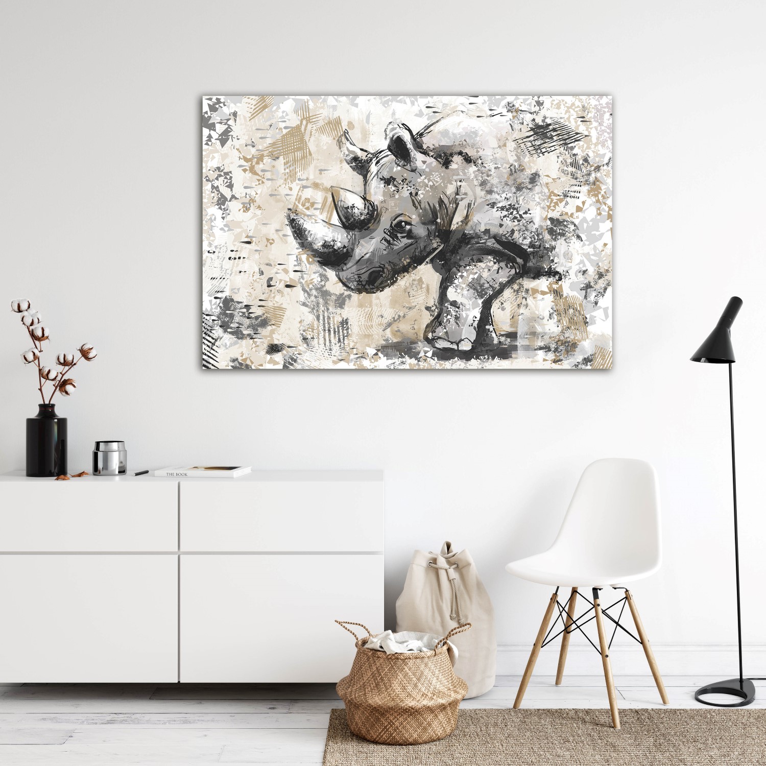 Neushoorn wanddecoratie in lichtgeel wit en grijs