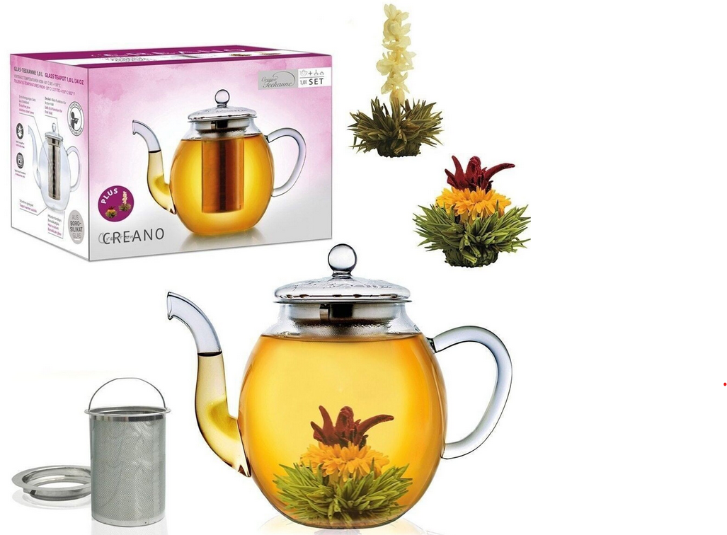 Theepot van glas (1 liter) met theezeefje en 2 theebloemen