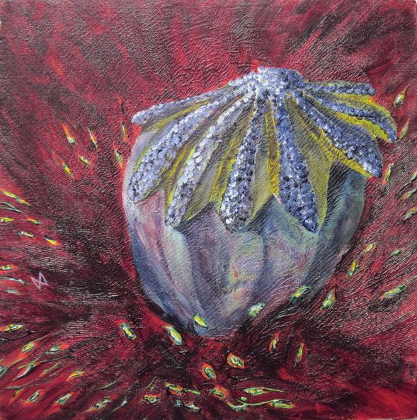 Abstract painting of a poppy pod in the flower