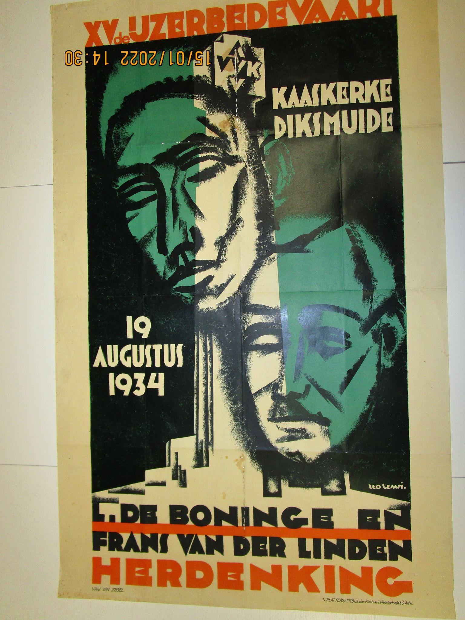 Grote affiche Ijzerbedevaart ( ongeveer 100 x 60 cm ) 1934 - De Boninge en CVan der Linden
