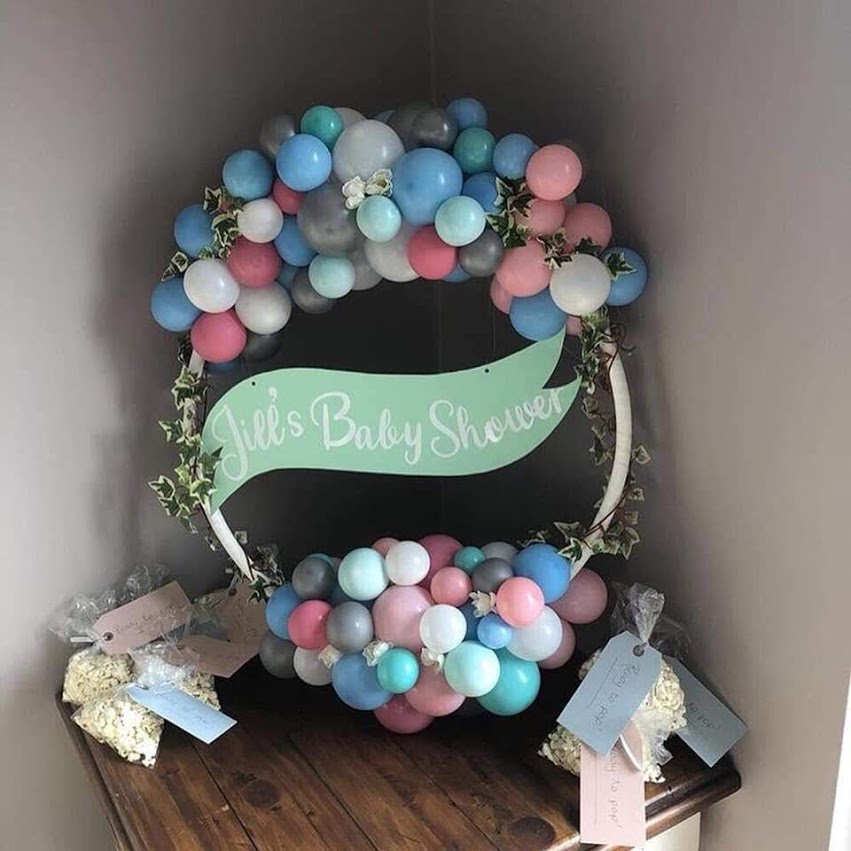 Perosonalised balloon hoop for a baby shower party