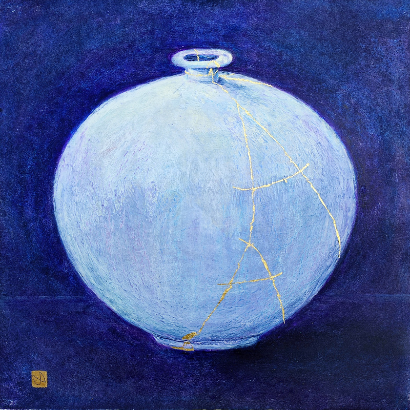 Painting of a kintsugi Moonjar vessel reminiscent of  The Moon.