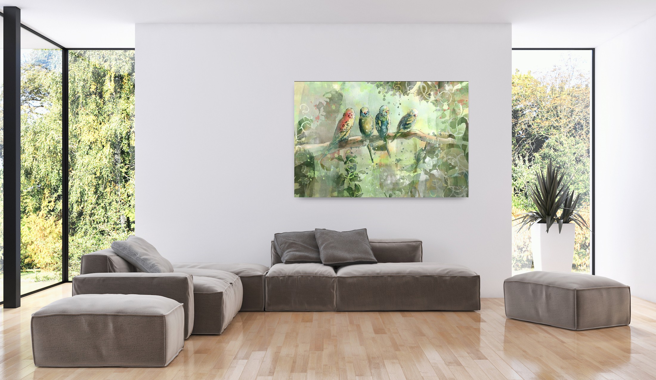 Jungle afbeelding met vier tropische vogels