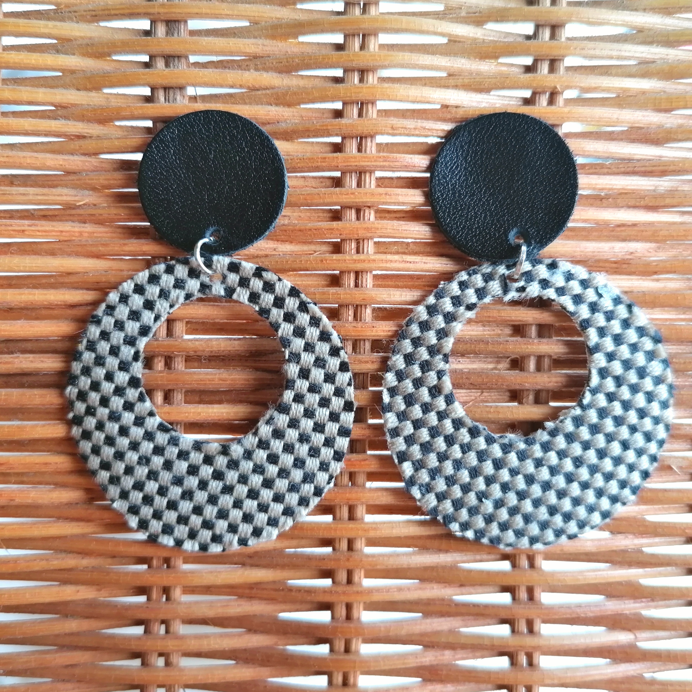 Recycled Vintage Fabric and Leather Stud Earrings- Ska Style Black and White 