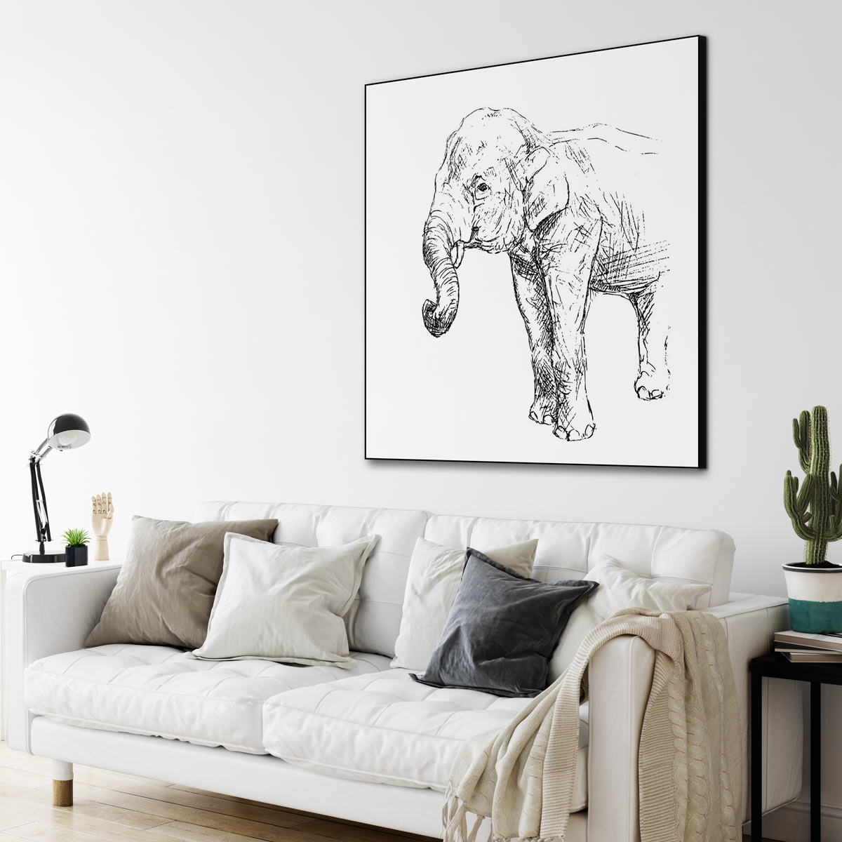 Tekening van een olifant in zwart wit - print op doek