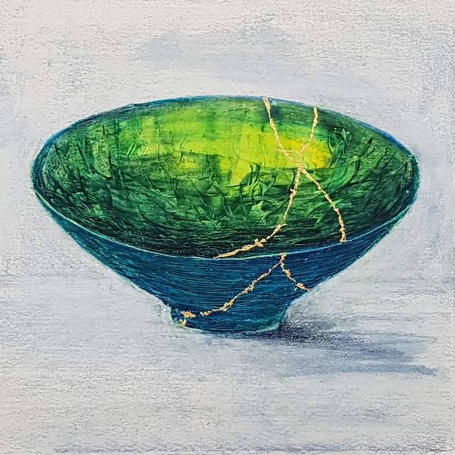 painting of Japanese kintsugi Summer tea bowl with gold by Irish artist purple sienna