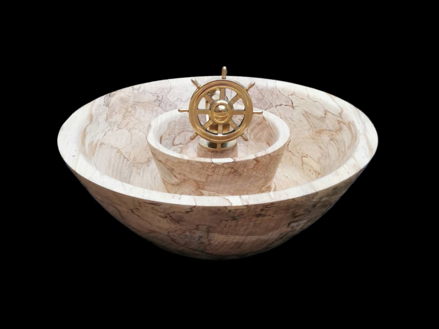 Wood Turned Nutcracker Bowl with Brass Ships Wheel Nutcracker