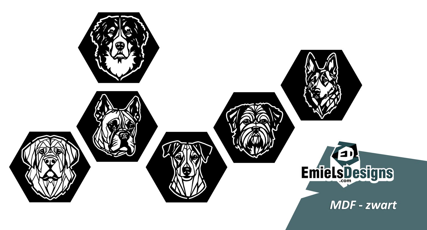 Zeskant - honden serie van zes zwarte panelen
