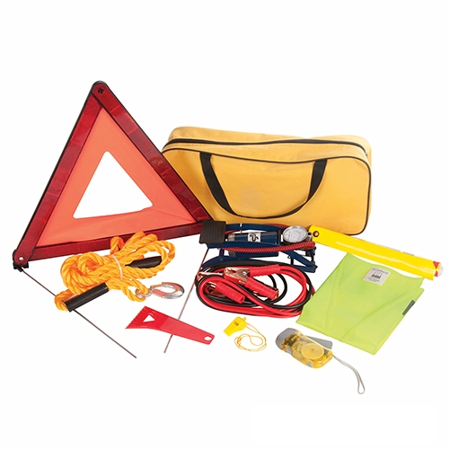 Comprehensive kit ideal for most motoring emergencies.    Includes 2m jump leads with copper-coated clamps; 3m tow rope with steel hooks; warning triangle with case (complies with ECE27); Hi-vis safety vest (EN471); wind-up torch with 3 super-bright LEDs; sturdy, single-barrel foot pump, emergency window sign, whistle and ice scraper, packed in sturdy carry case.