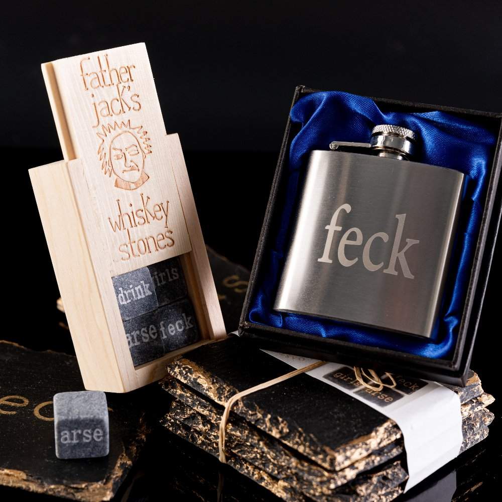 image of father jack gift set with set of father jack whiskeystones, set of coasters and feck hip flask