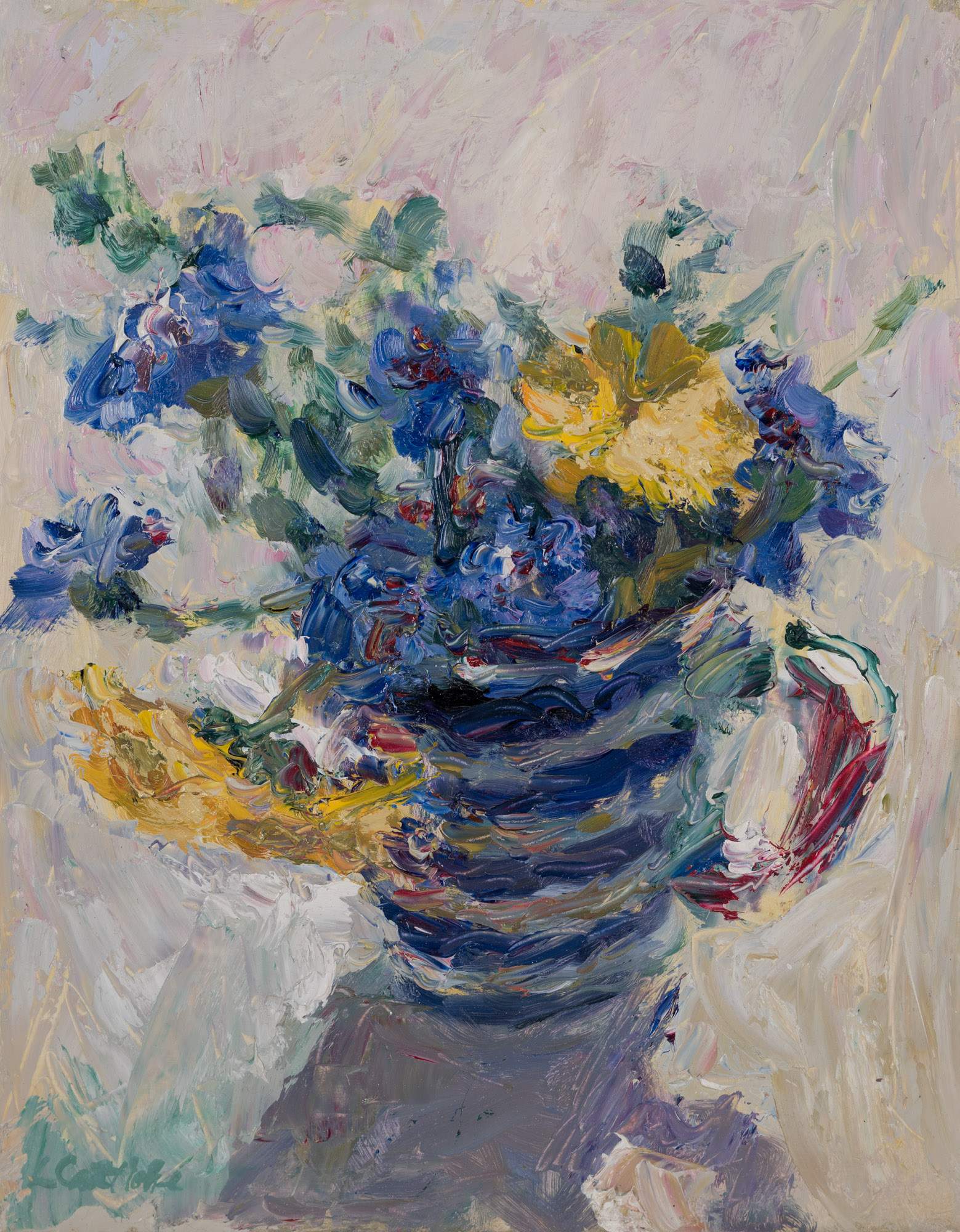Marigolds and Cornflowers in Striped Mug