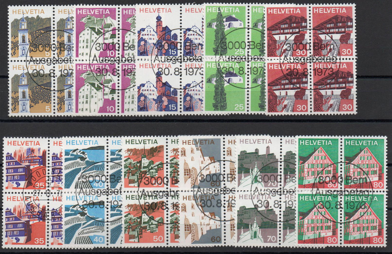 1973-75 Dauermarken "Landschaftsb." ET 4er Blocks