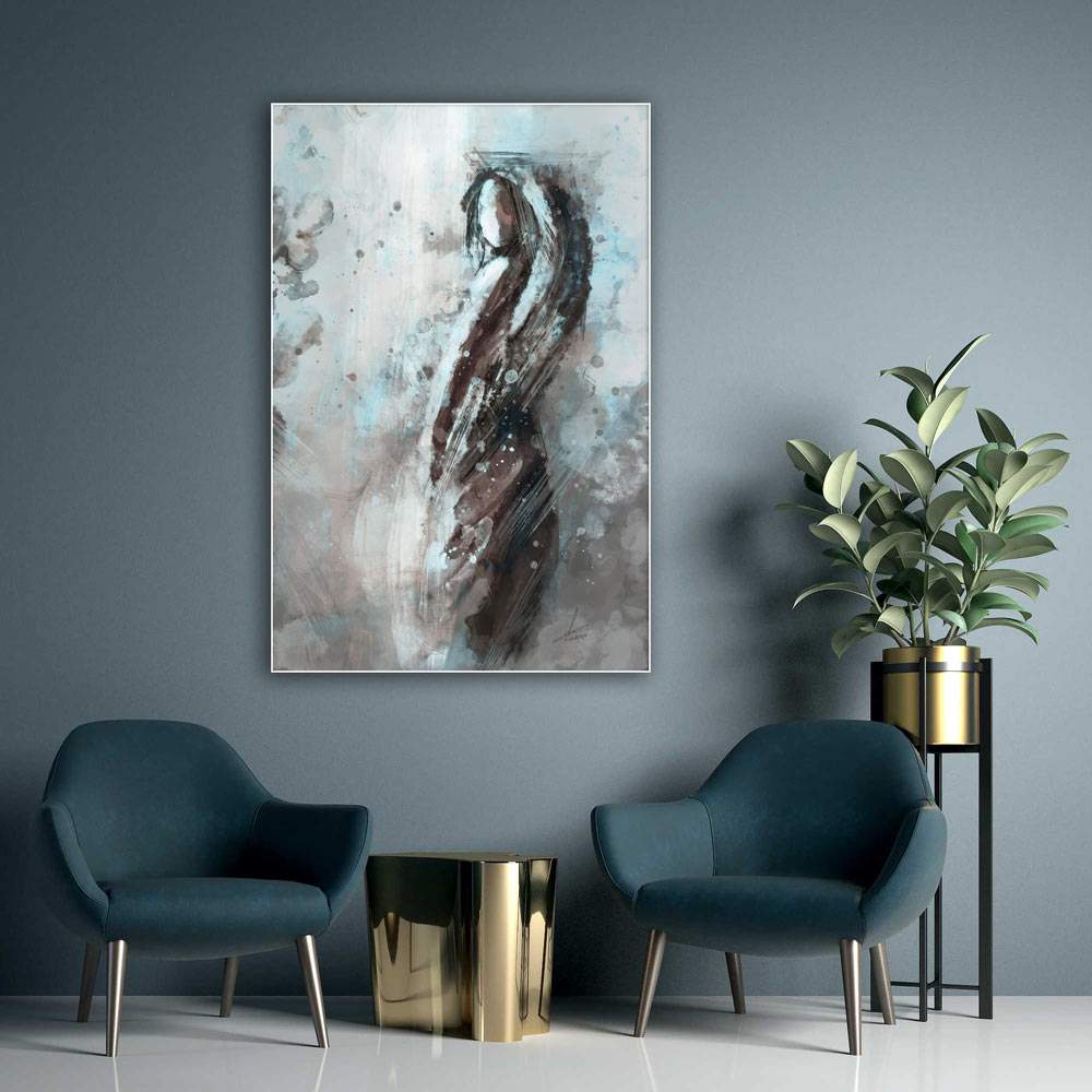 Abstract kunstwerk blauw en taupe - vrouw in mist