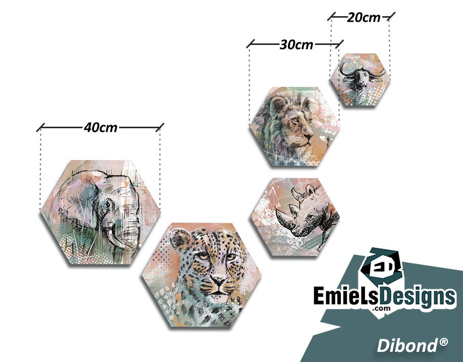 Zeskant - kleurige big 5 serie met olifant neushoorn buffel luipaard en leeuw
