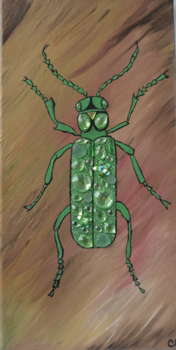 Beetle painted on canvas with oilpaint and glitters in the body. 24x18cm