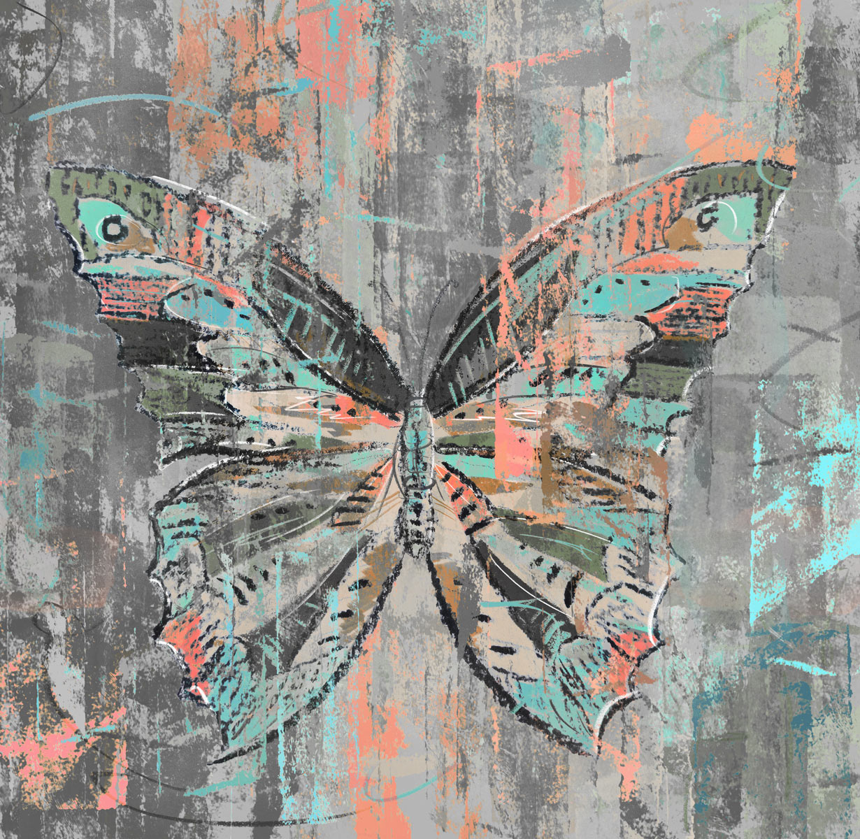 Modern kunstwerk vlinder in oranje en fel blauw