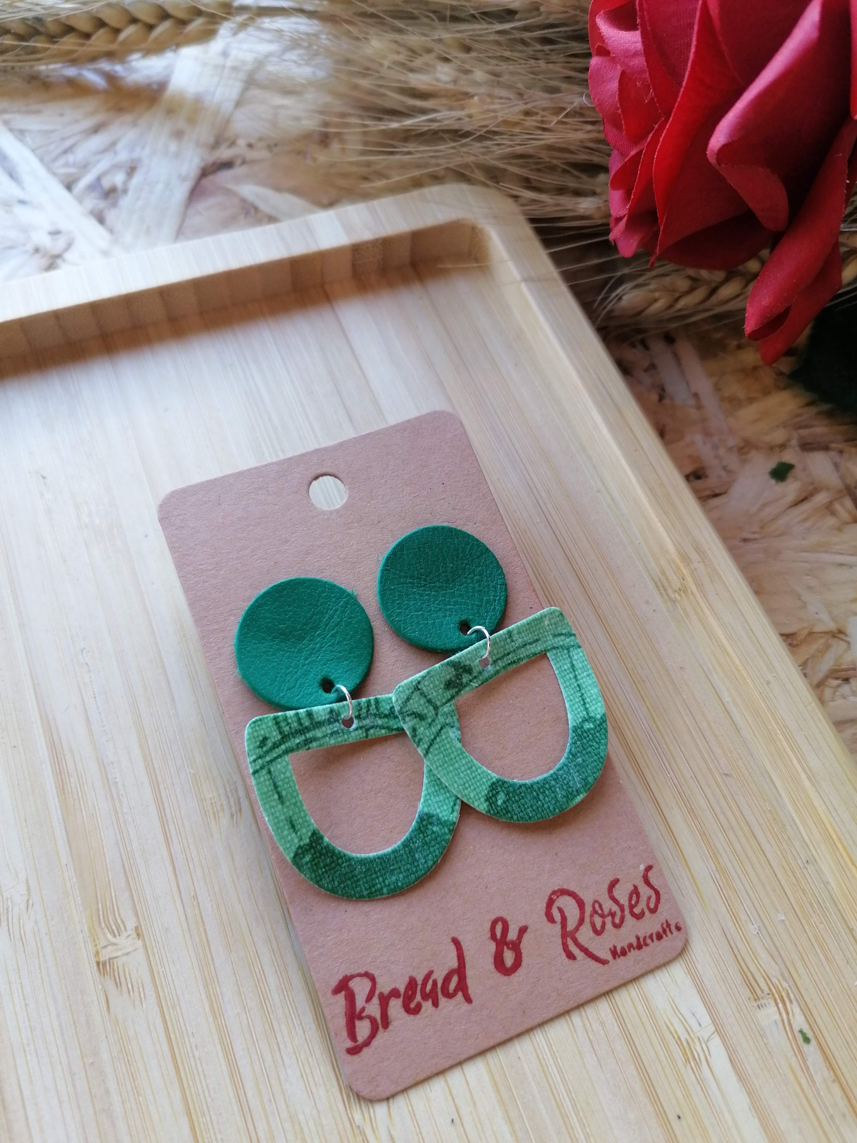 Recycled Vintage Fabric and Leather Stud Earrings - Green