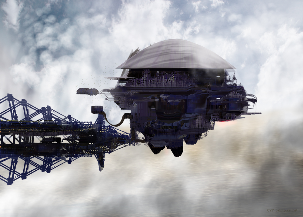 Digital painting - A vast space ship delivering drinkwater to a distant world.
