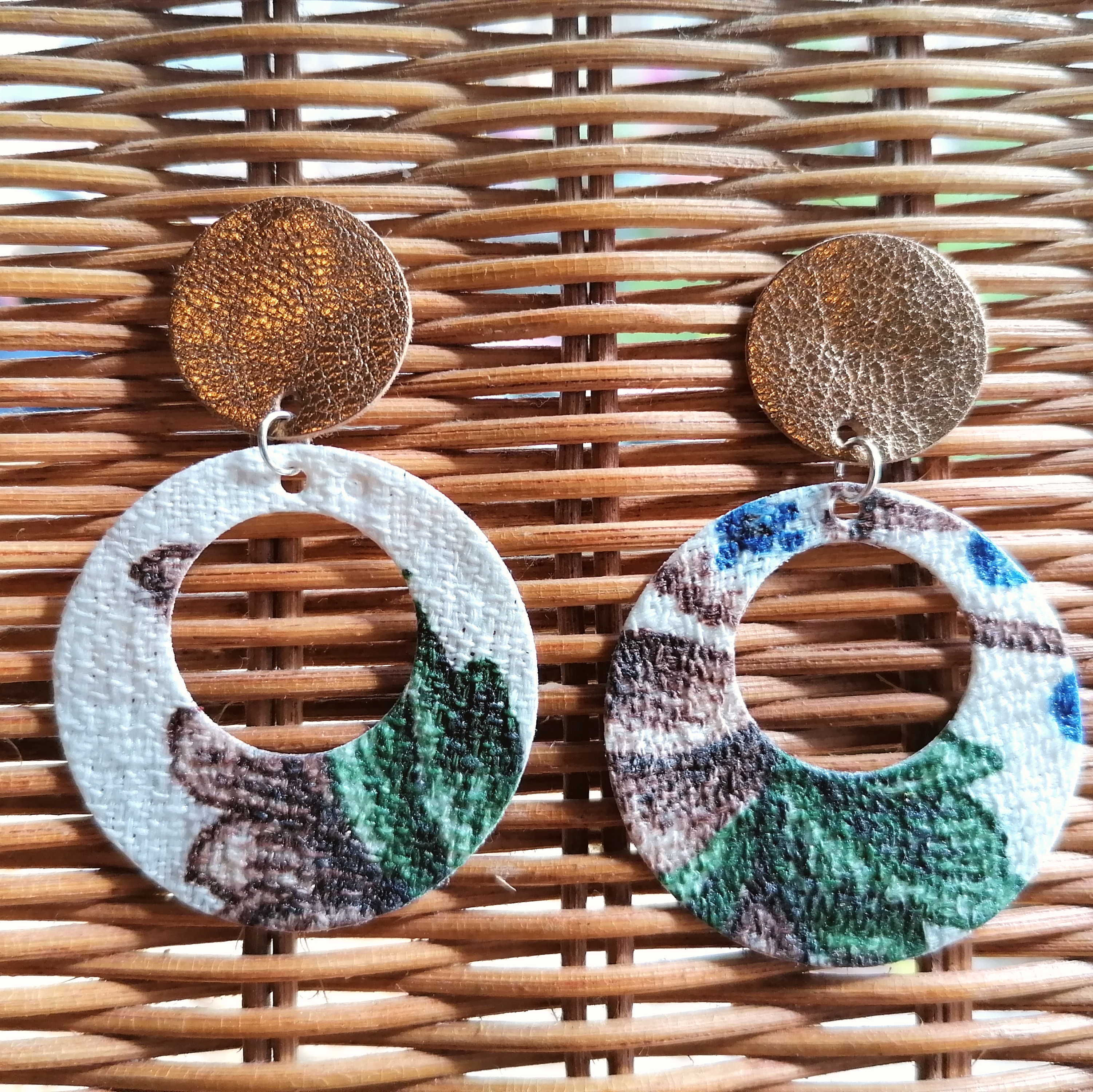 Recycled Vintage Fabric and Leather Stud Earrings- Gold and Old Fashioned Floral