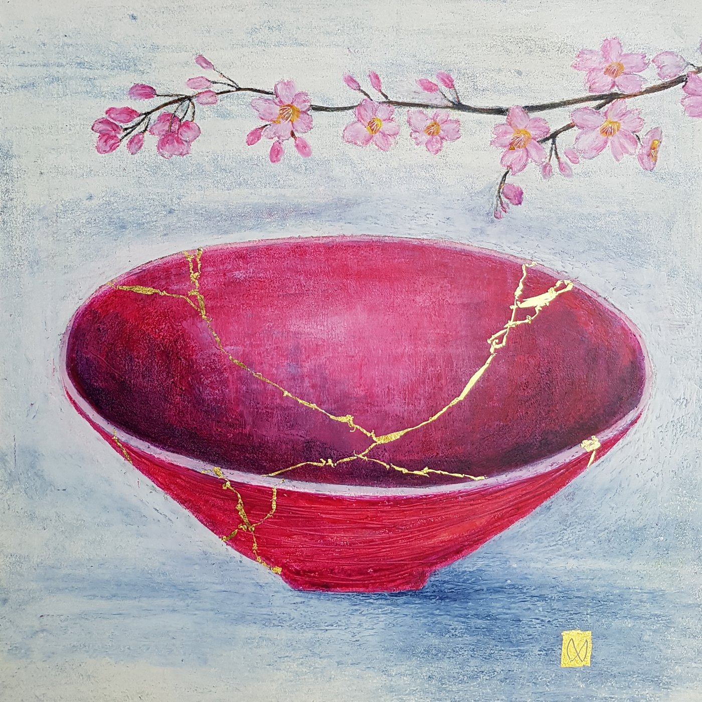 Contemporary painting of a pink kintsugi bowl with cherry blossoms and  gold repair.
