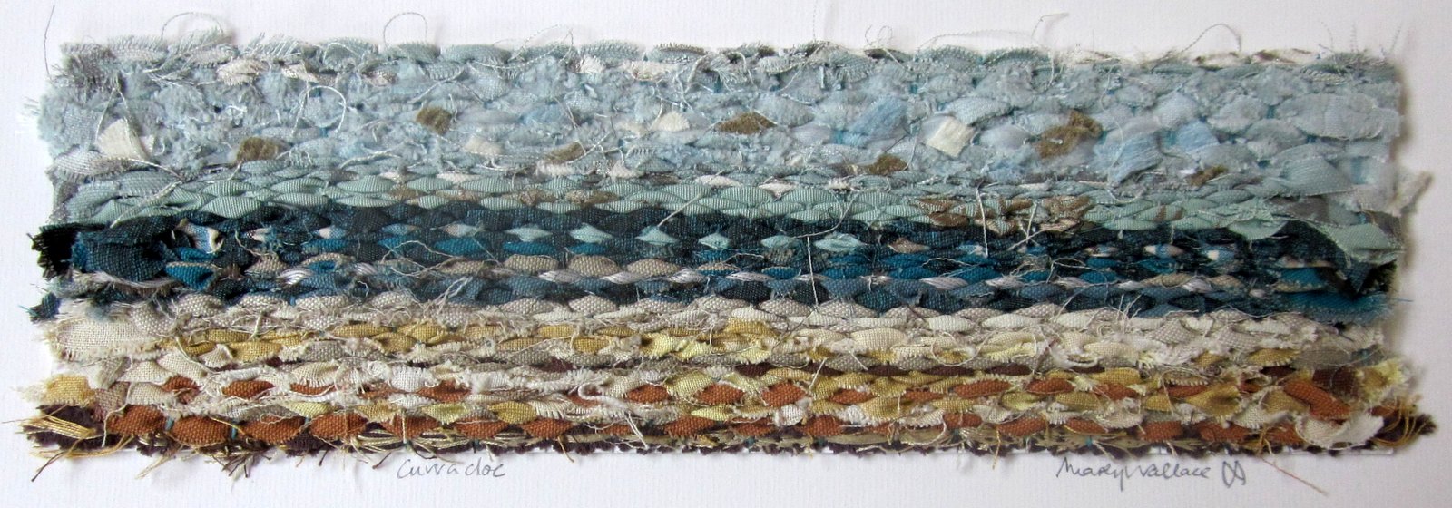 Abstract weaving with colours evoking memories of Curracloe Beach. Sand, sea, sky.