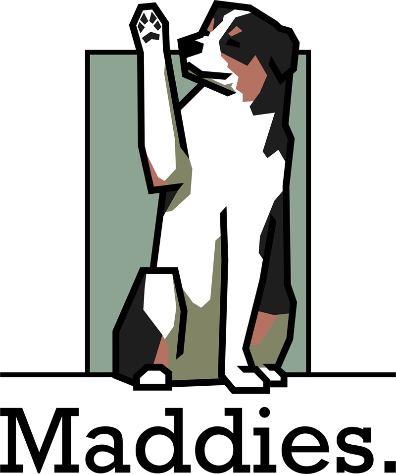 Logo van Maddies hondenschool. Een Australian Shepherd die zit en die zwaait