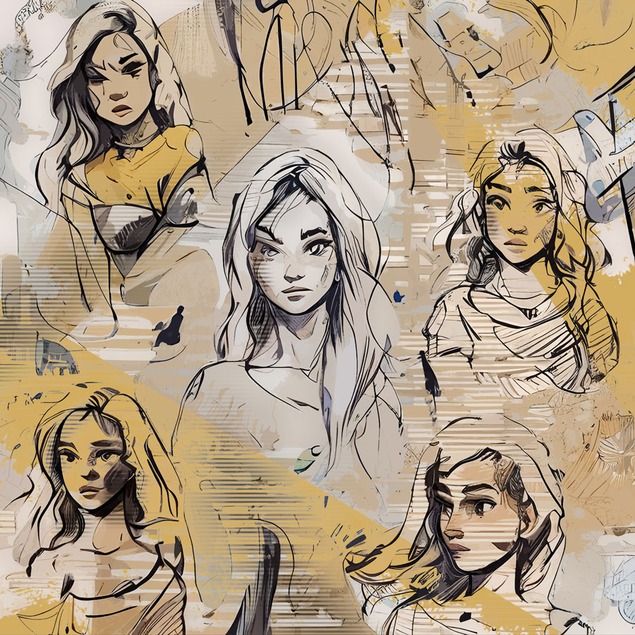 Collage pentekening portret dames in geel grijs