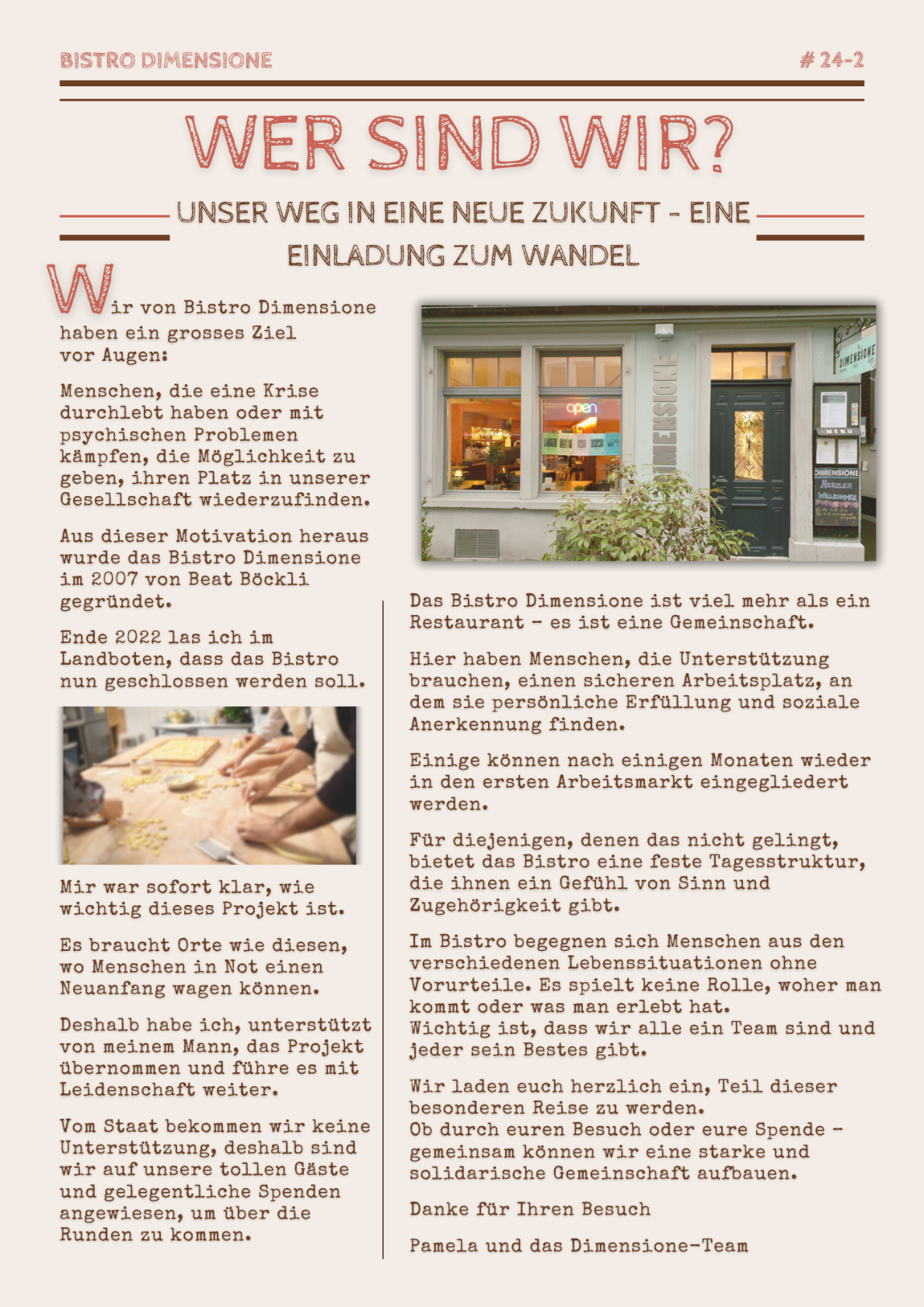 Flyer des Bistro Dimensione mit dem Titel 'Wer sind wir?' zeigt Eingang des Bistros und beschreibt Mission, Ziele und Verpflichtungen des Restaurants