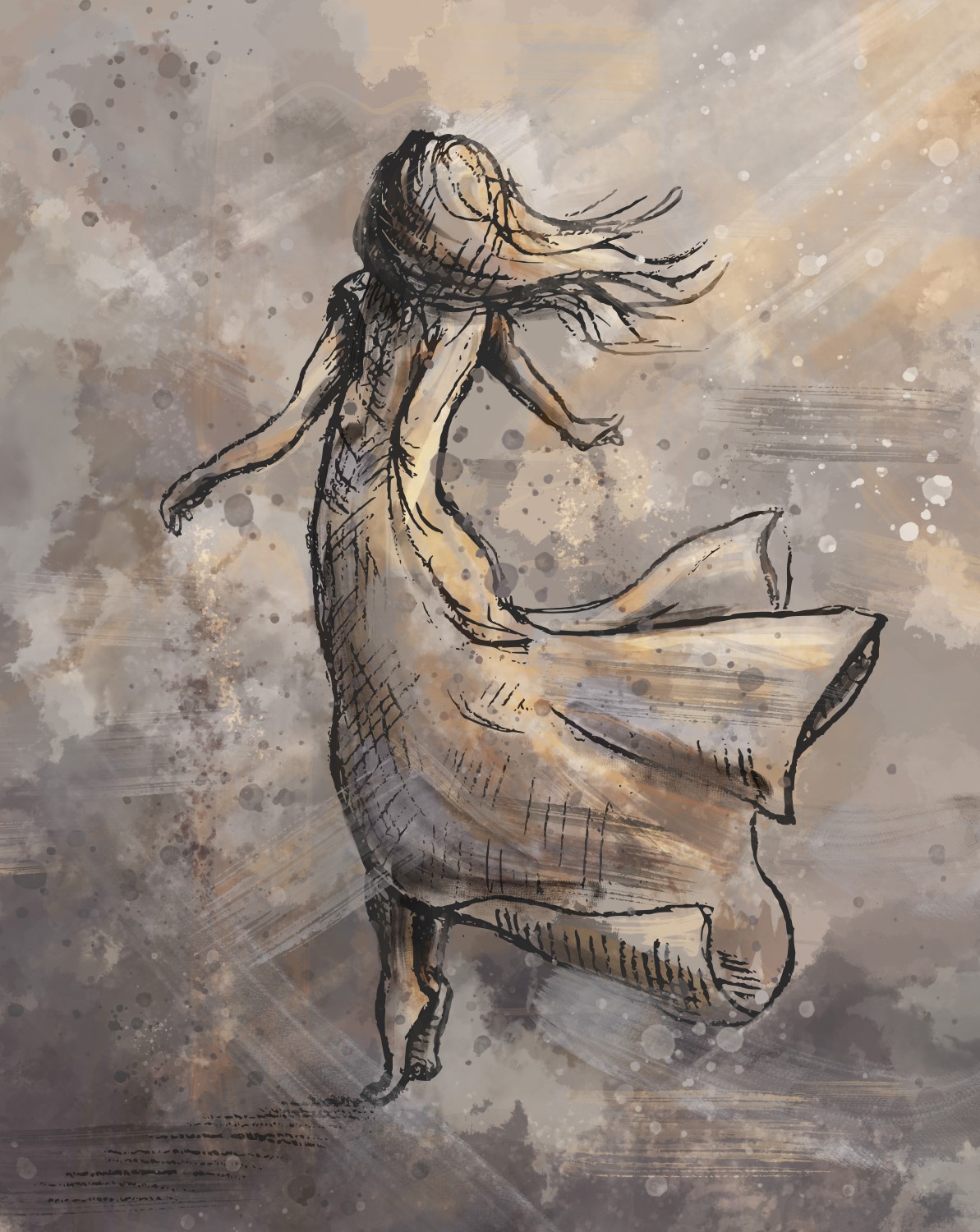 Vrouw dansend in de storm - chique kunstwerk in taupe en gouden tinten