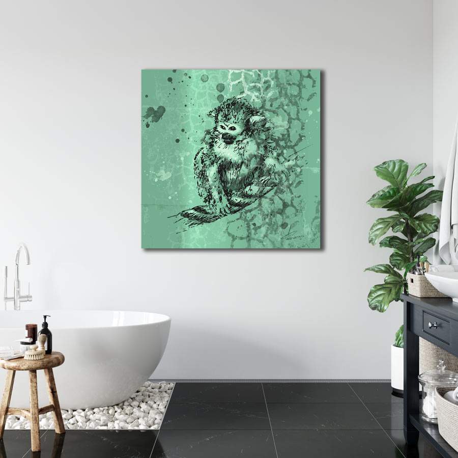 Vierkante wanddecoratie - tekening van aap in turquoise