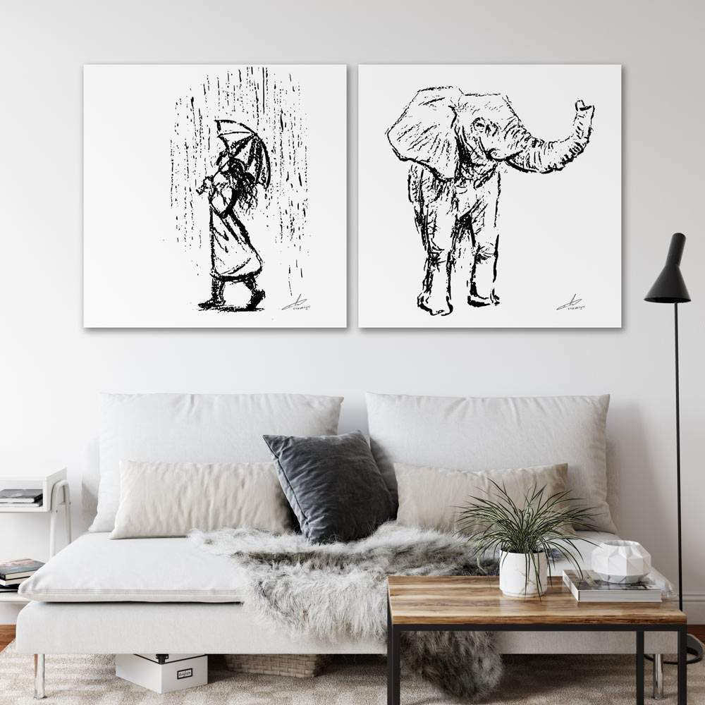 Zwart-wit tweeluik - vierkant formaat - meisje met paraplu en olifant