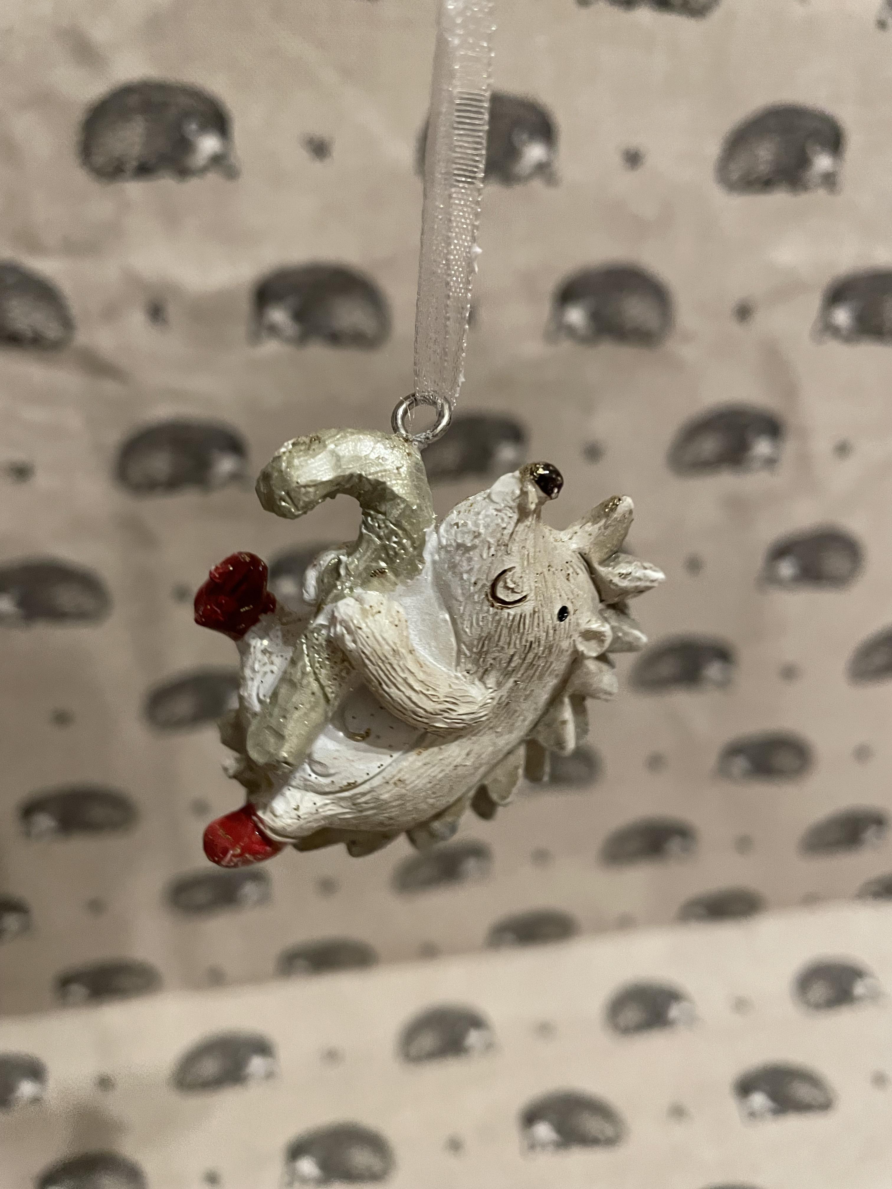 Hanging Hedgehog Decoration with Cane - Christmas