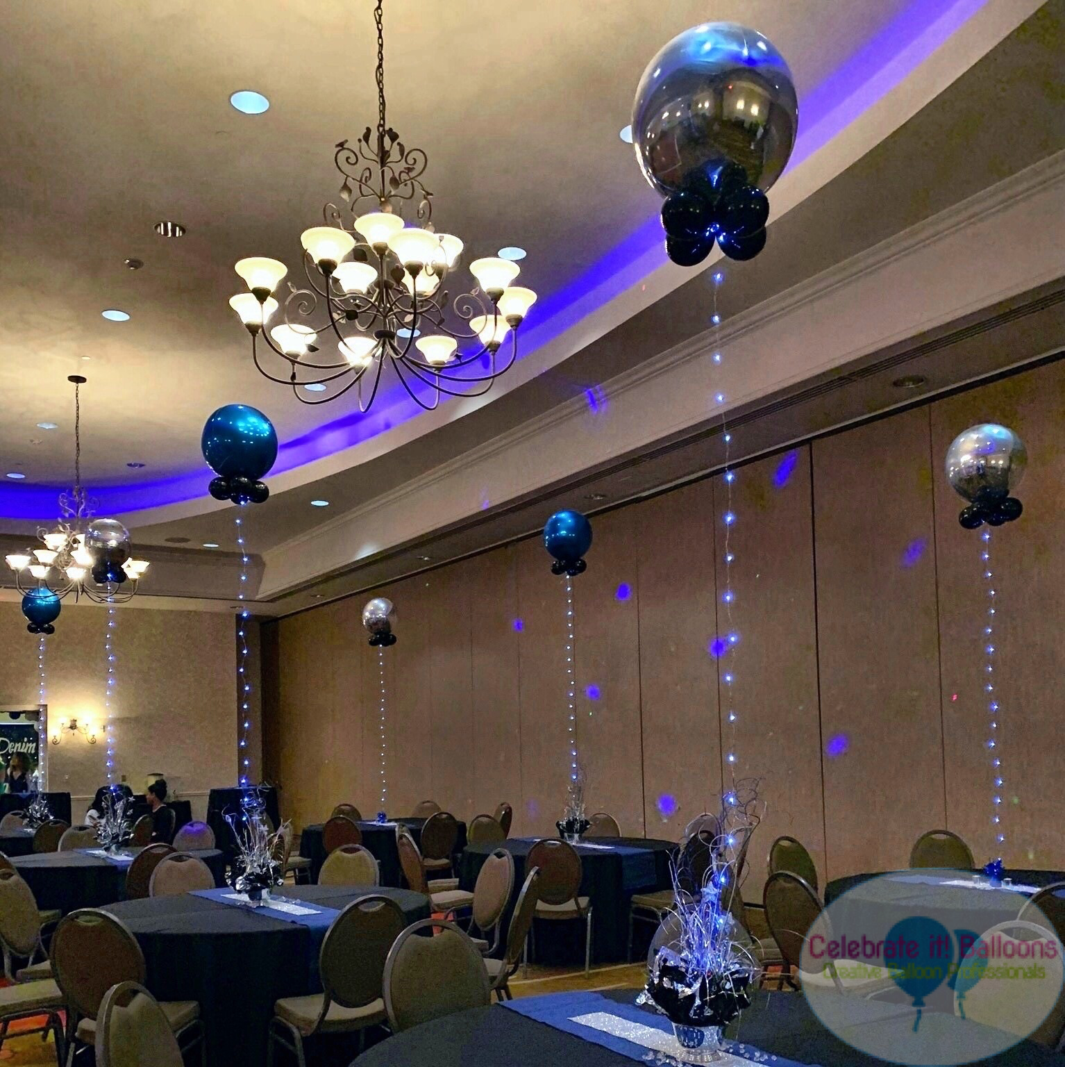 Orbz tall balloon centerpieces with light strands
