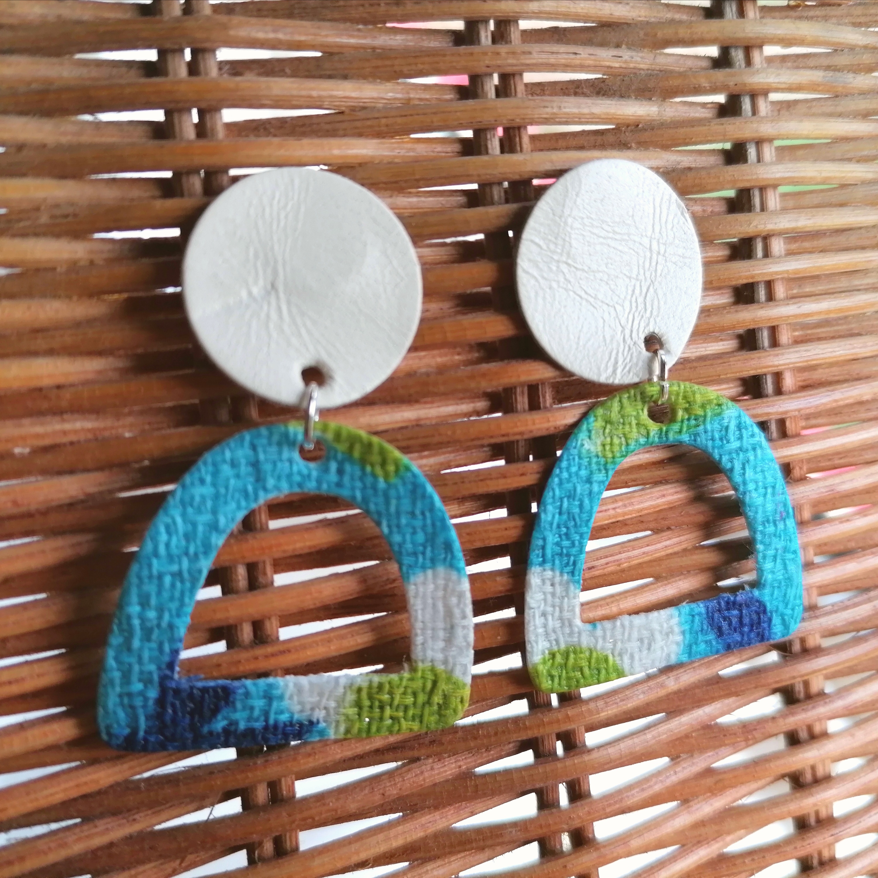 Recycled Vintage Fabric and Leather Stud Earrings- Blue White and Green