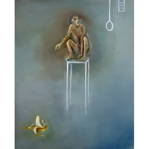 Nonsensical picture of a monkey and a banana. 50x65, oil