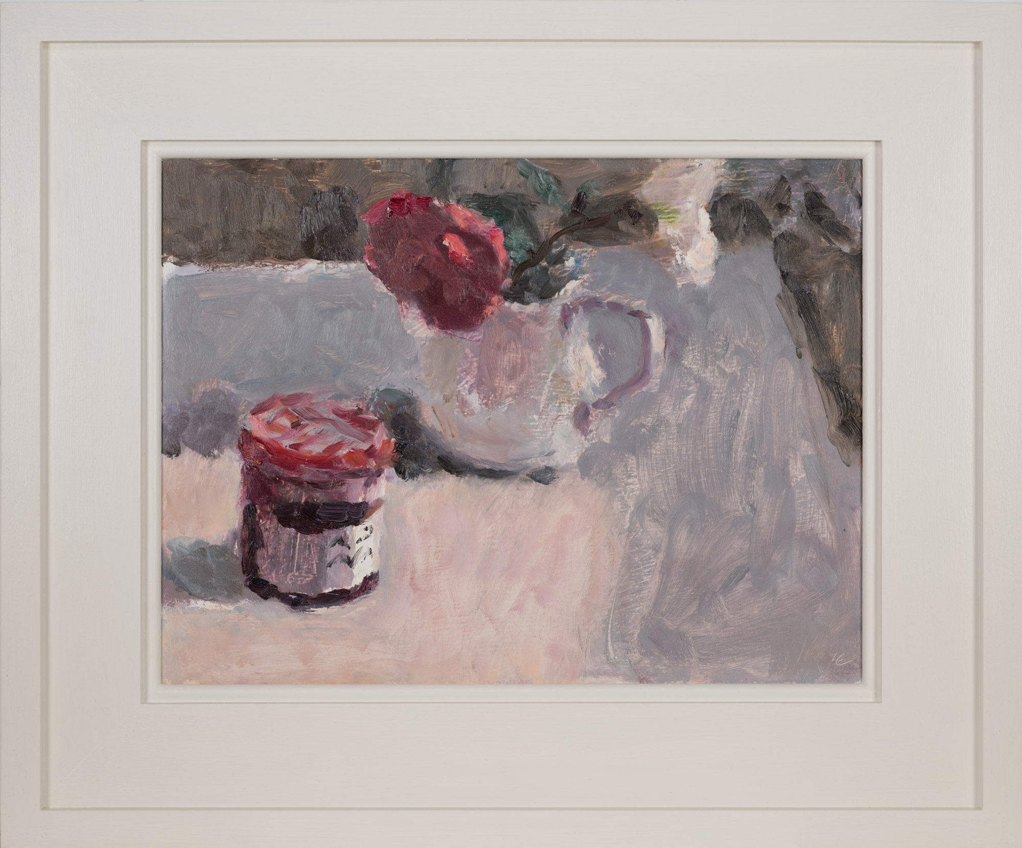 Red and White Camellias with a Pot of Jam