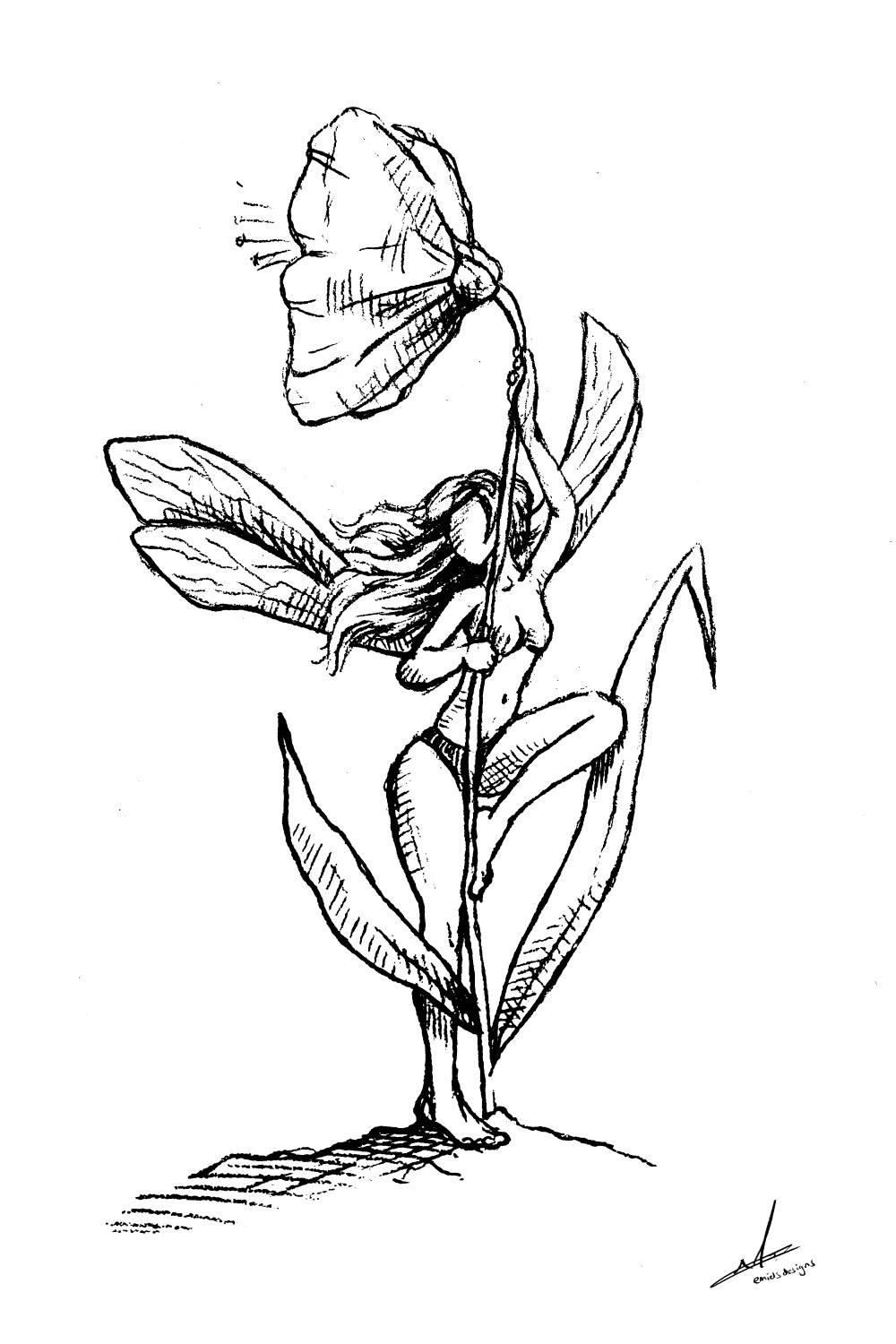 Drieluik zwart wit tekeningen kinderkamer - elfjes met bloem
