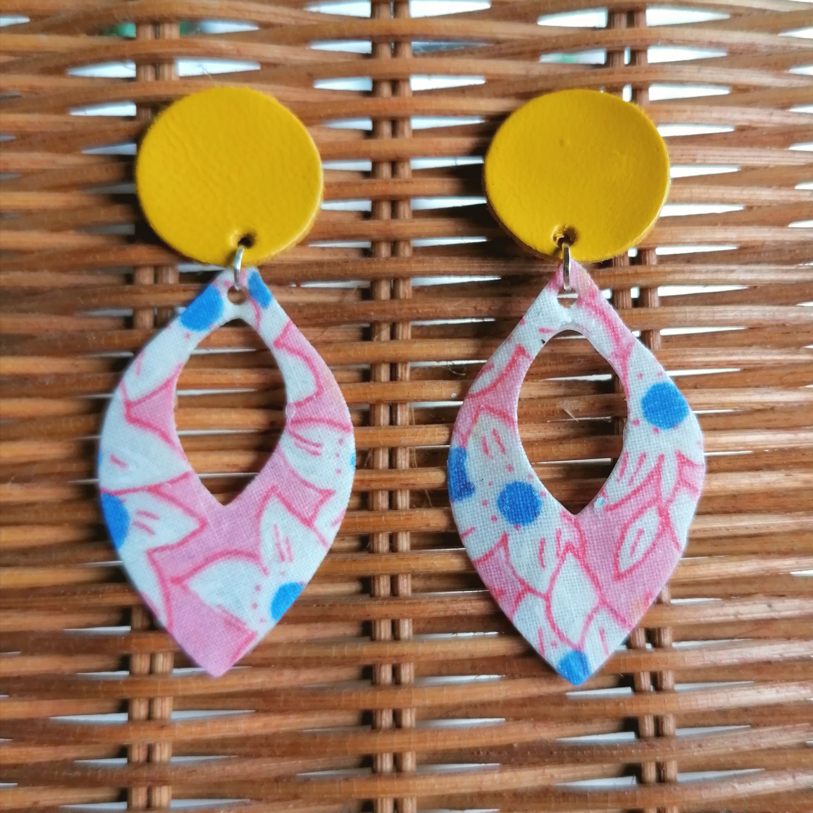Recycled Vintage Fabric and Leather Stud Earrings- Pink and Yellow and Blue Floral