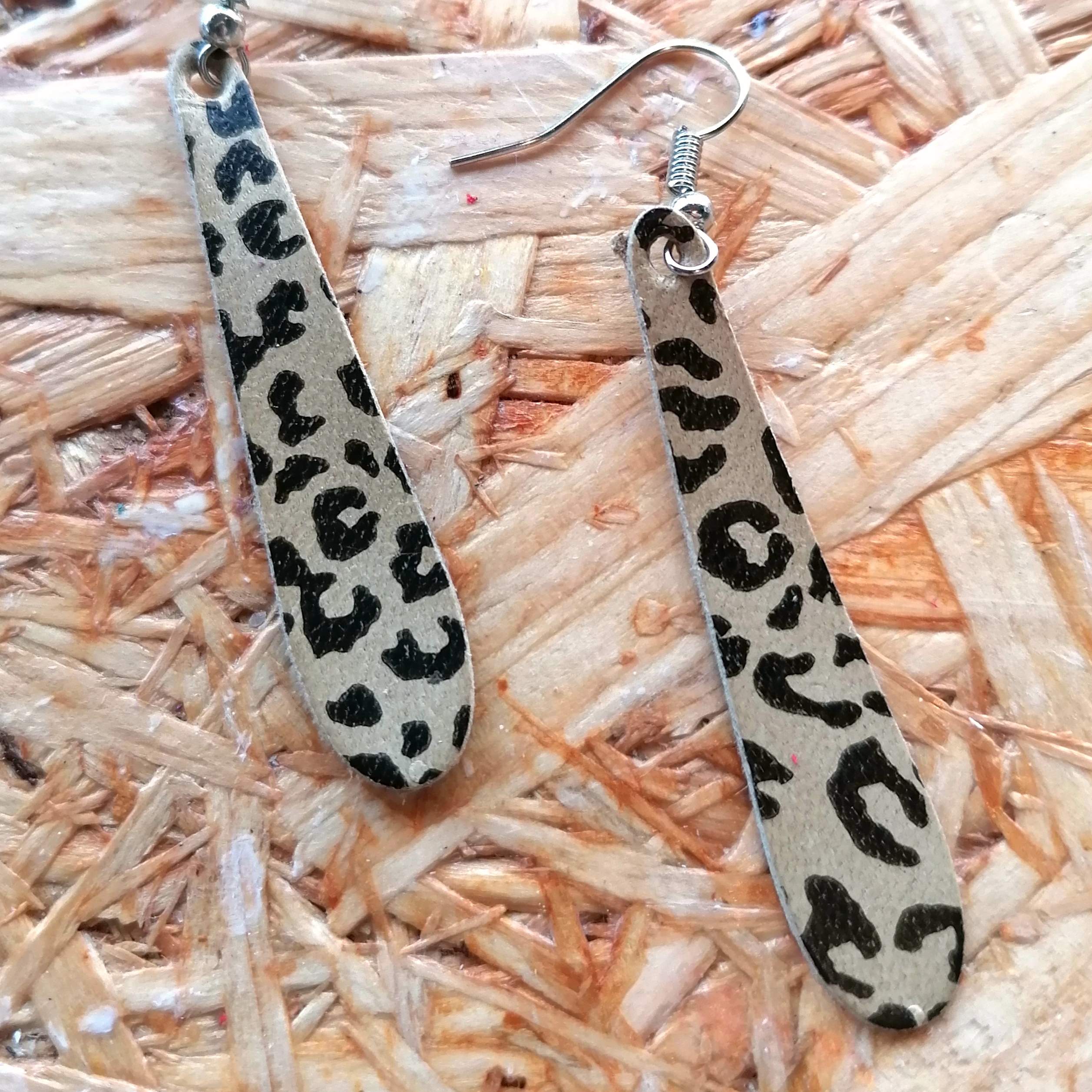 Long thin leopard print leather drops on silver ear wires