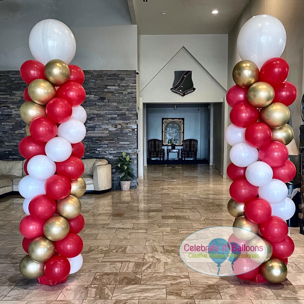 Balloon Column, classic swirl in red, white and chrome gold balloons, 8ft tall.