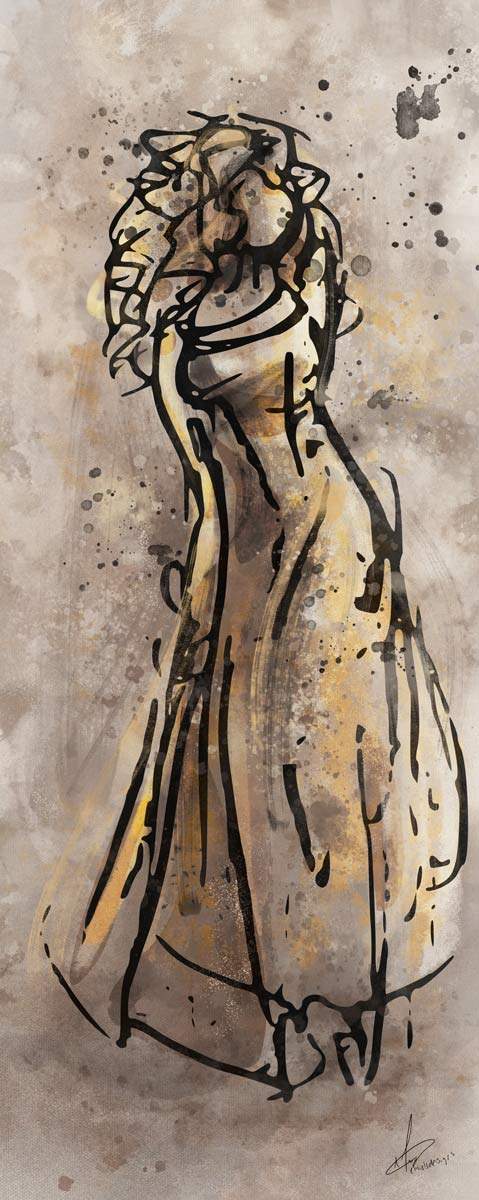Luxe artwork - dame met krullende haren - goud geel en taupe